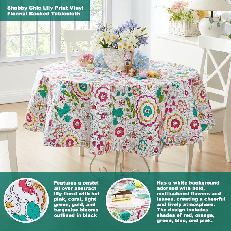 Newbridge Easter Shabby Chic Lily Print 70 Inch Round Vinyl Flannel Backed Tablecloth, Pink Yellow and Green Lily Indoor and Outdoor Waterproof Vinyl Table Cover for Spring Holiday Party - Image 2